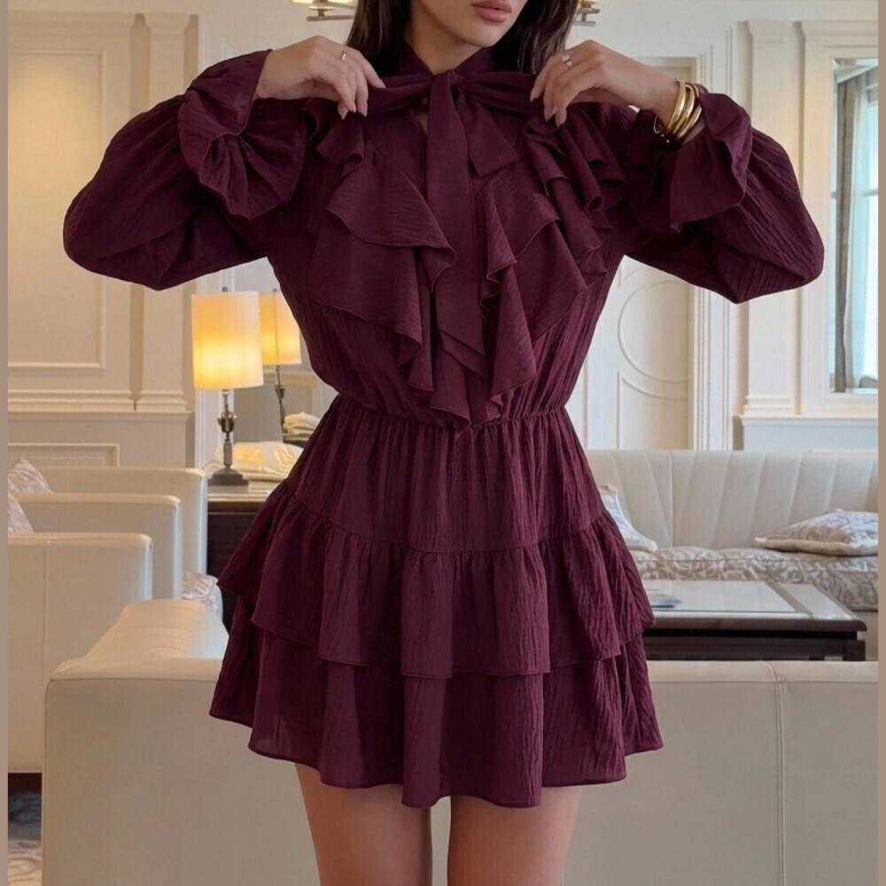 Plum Red Ruffle Tie Neck Long Sleeve Tiered Mini Dress
